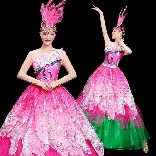 Pink with green flowers petals flamenco dance dresses for women girls opening choir pageant show  opening dance swing skirts long dress for female